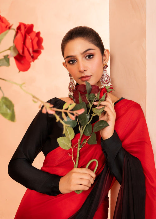 Red Black Ombre Silk Blend Saree