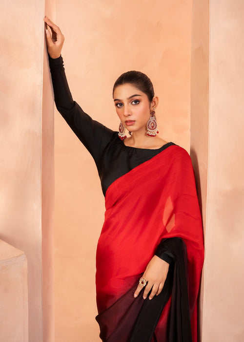 Red Black Ombre Silk Blend Saree
