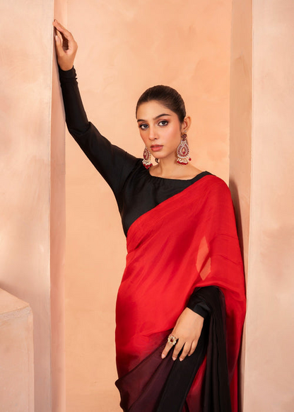 Red Black Ombre Silk Blend Saree