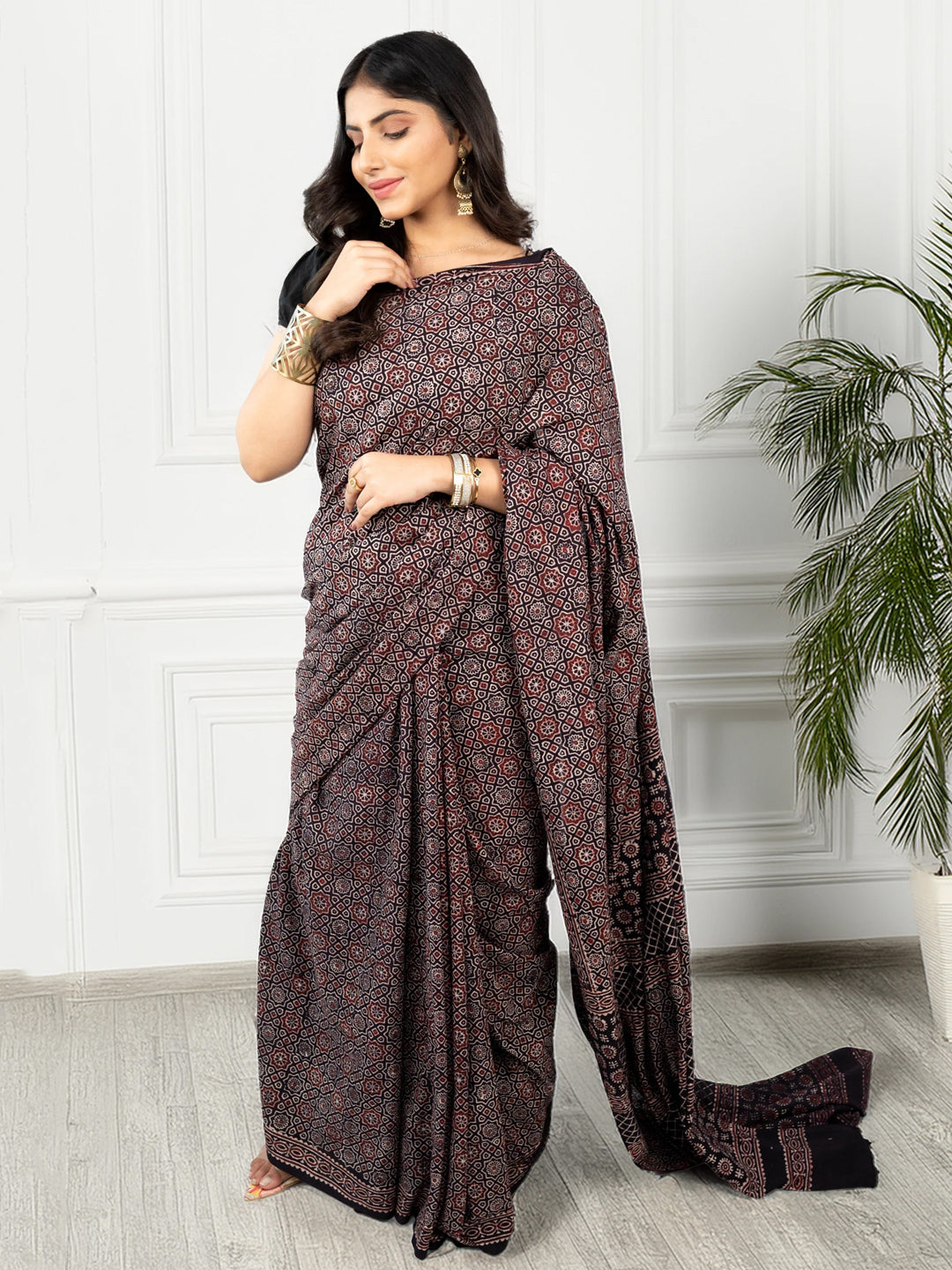 Brown Ajrakh Printed Silk Blend Saree