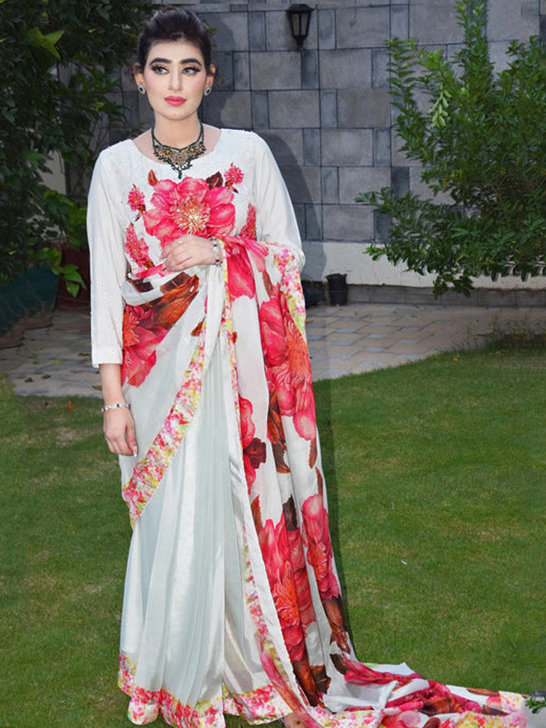 Elegant White Satin Silk Saree with Red Floral Print - Designer Drape