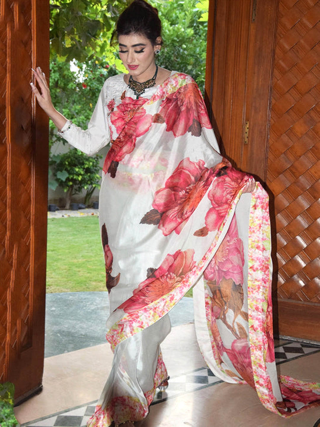 Elegant White Satin Silk Saree with Red Floral Print - Designer Drape