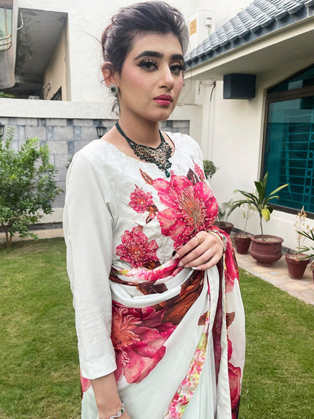 Elegant White Satin Silk Saree with Red Floral Print - Designer Drape