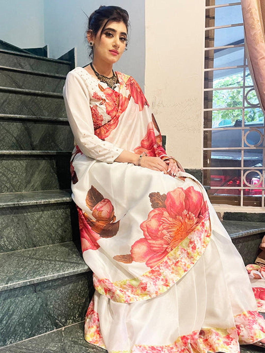 Elegant White Satin Silk Saree with Red Floral Print - Designer Drape