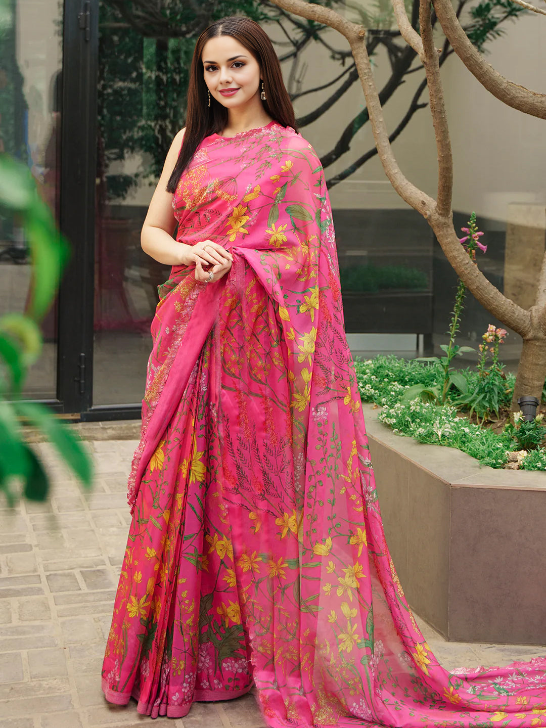 Pink Floral Silk Blend Saree - Vibrant Printed Saree