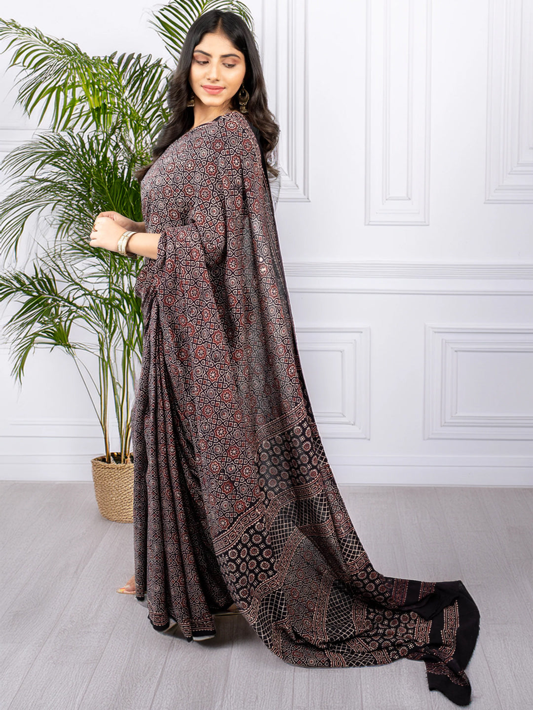 Brown Ajrakh Printed Silk Blend Saree
