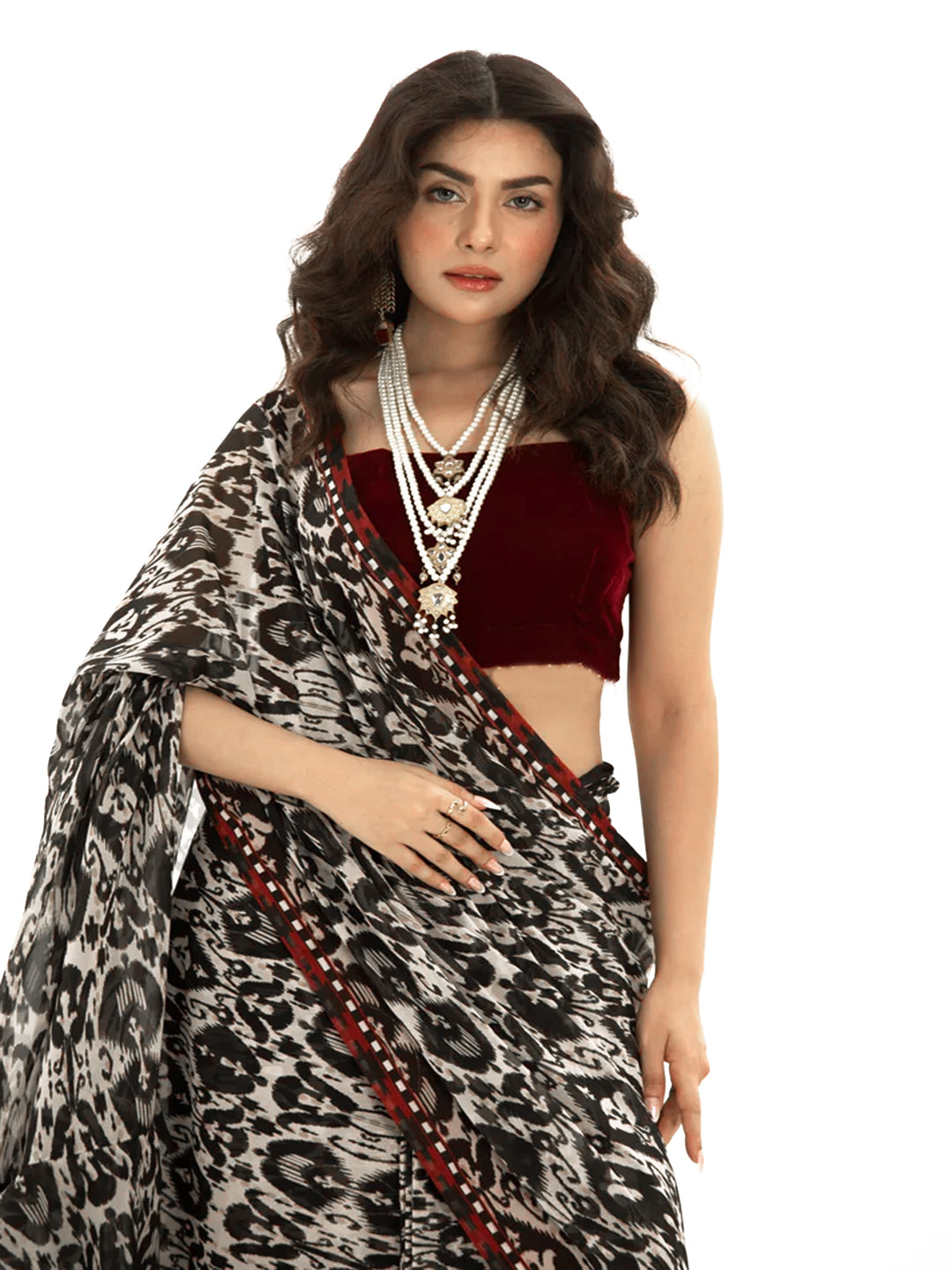 Black White Ikat Saree – Traditional Silk Blend with Maroon Blouse