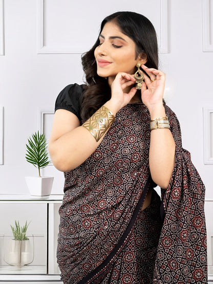 Brown Ajrakh Printed Silk Blend Saree