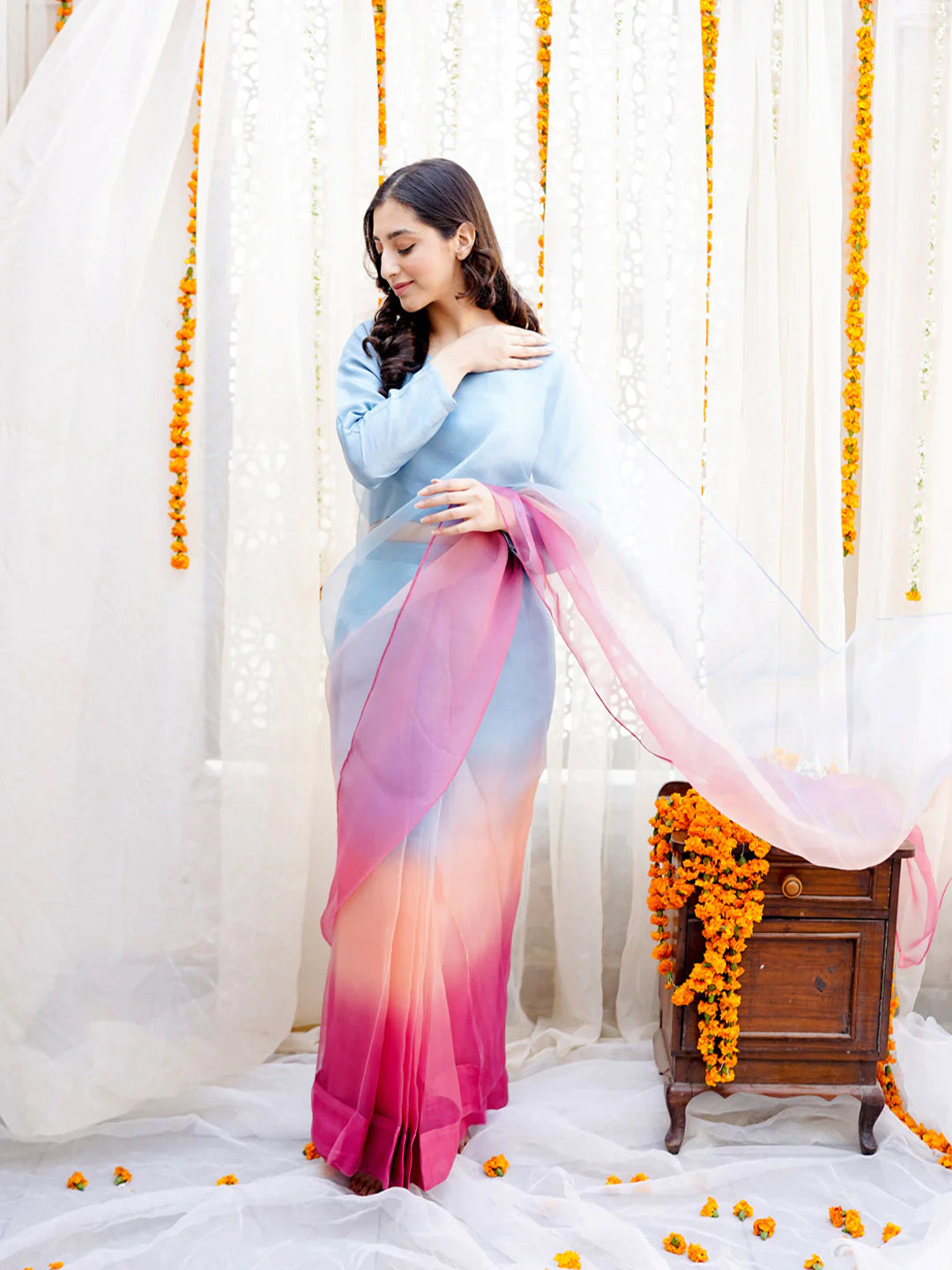 Blue to Pink Coral Ombre Organza Saree – Dreamy Designer Drape with Unstitched Blouse