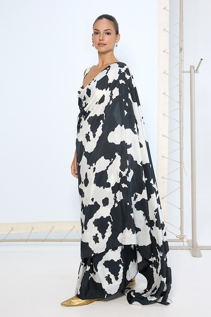 Black and White Cow Print Silk Blend Saree