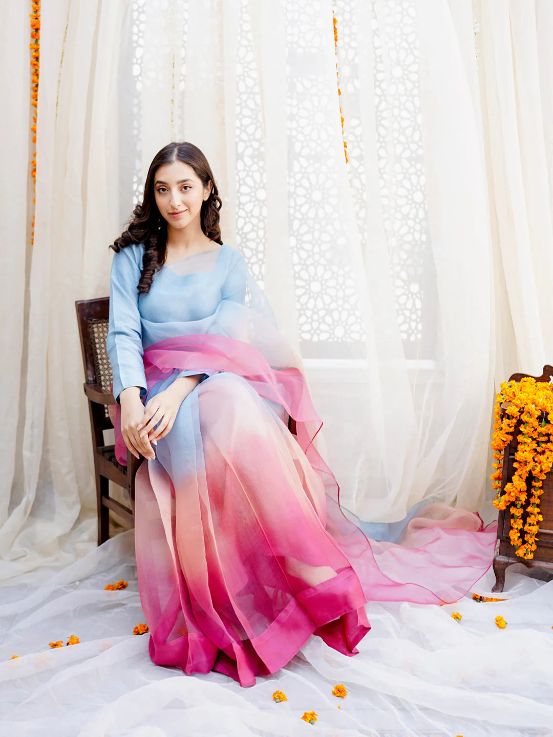 Blue to Pink Coral Ombre Organza Saree – Dreamy Designer Drape with Unstitched Blouse