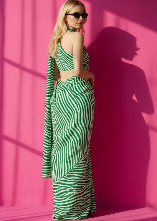 Green & White Zebra Printed Silk Blend Saree