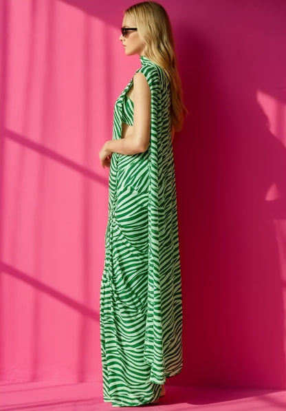 Green & White Zebra Printed Silk Blend Saree