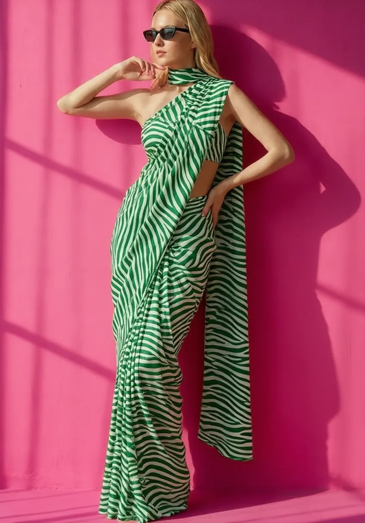 Green & White Zebra Printed Silk Blend Saree
