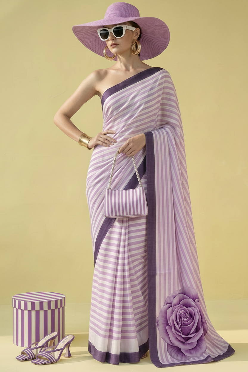 Lavender Striped Rose Silk Blend Saree