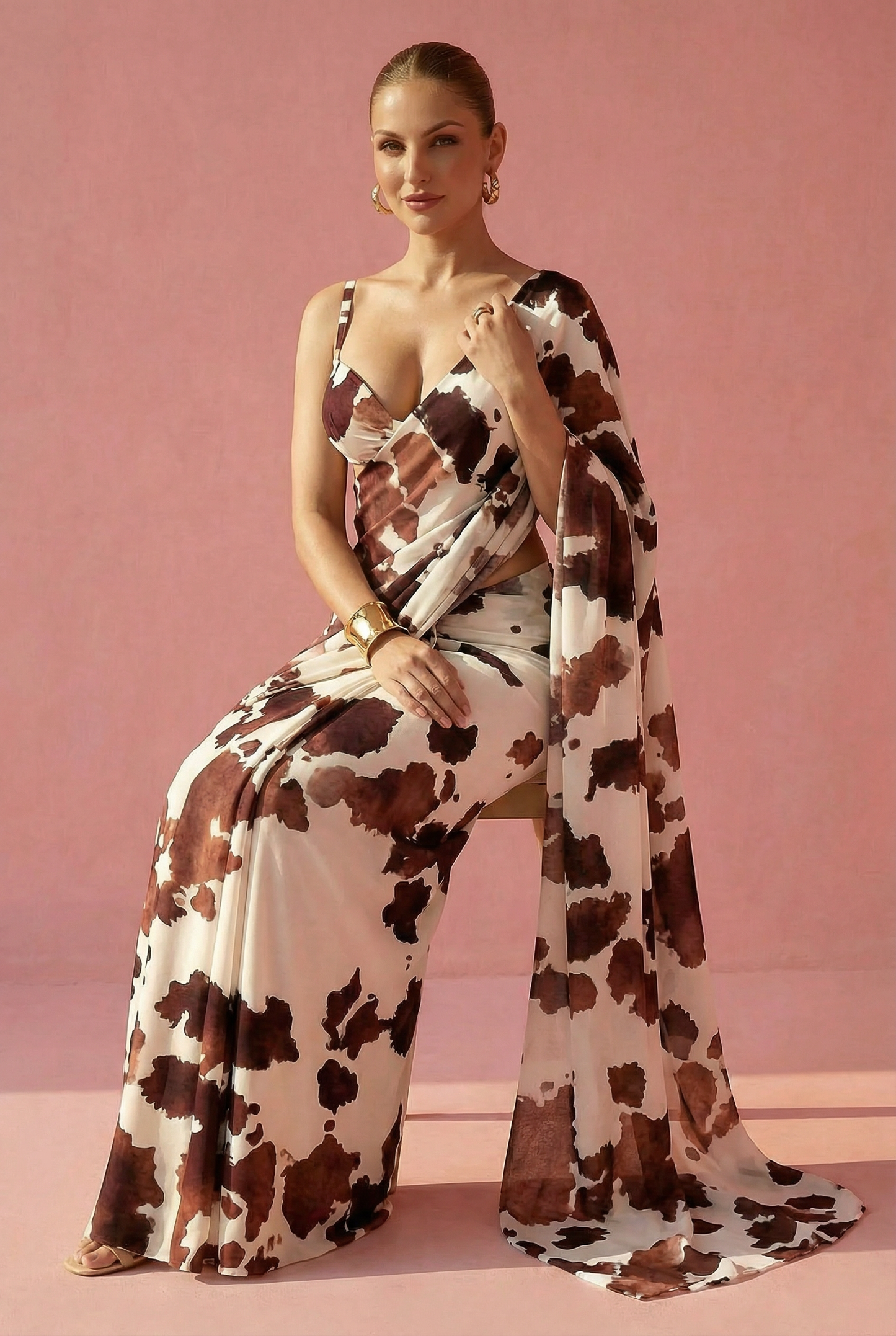 Brown Cow Printed Silk Blend fabric Saree