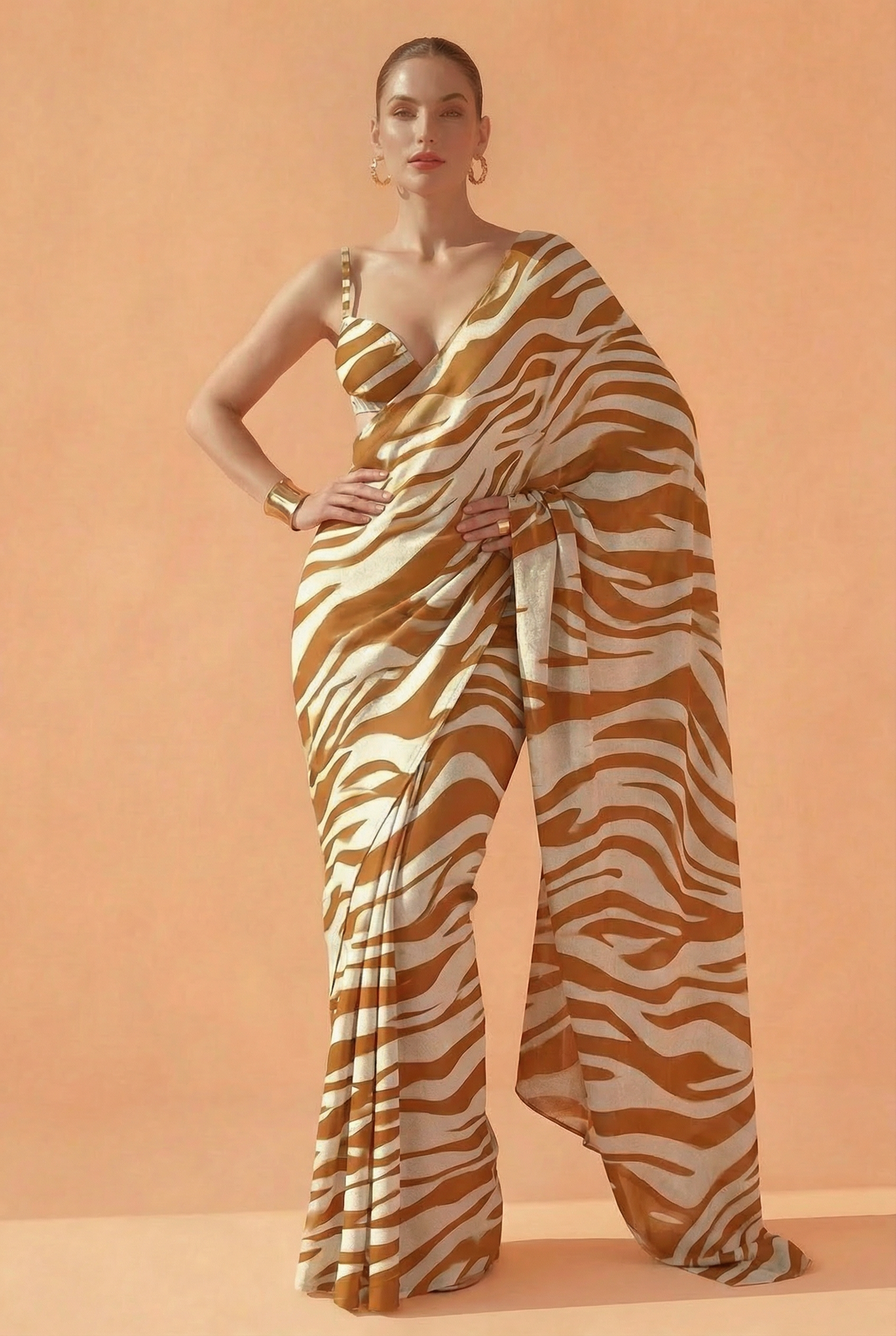 Brown & Cream Zebra Print Silk Blend Saree - Premium Animal Print Designer Saree