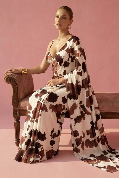 Brown Cow Printed Silk Blend fabric Saree