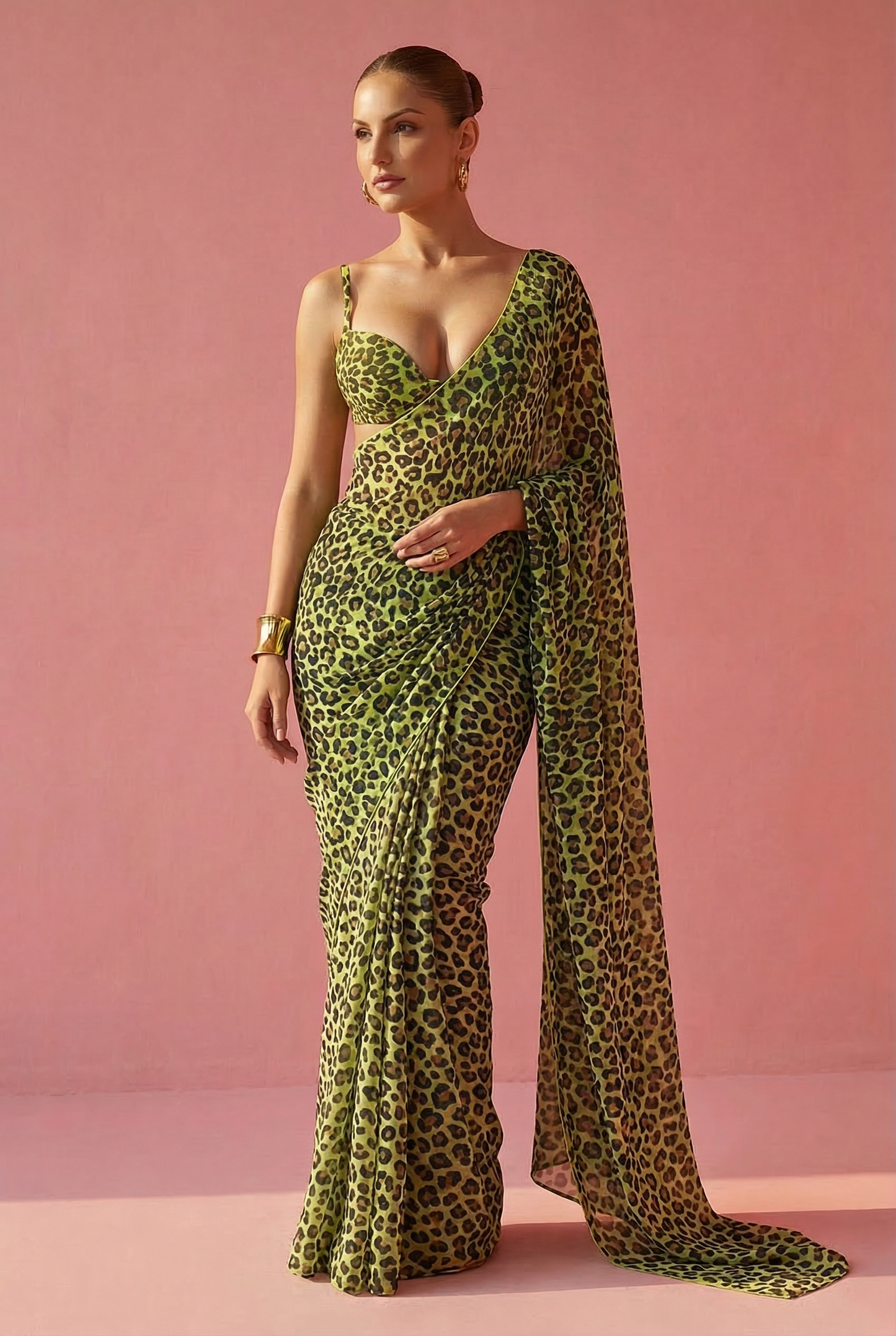 Neon Green Leopard Print Silk Blend Saree