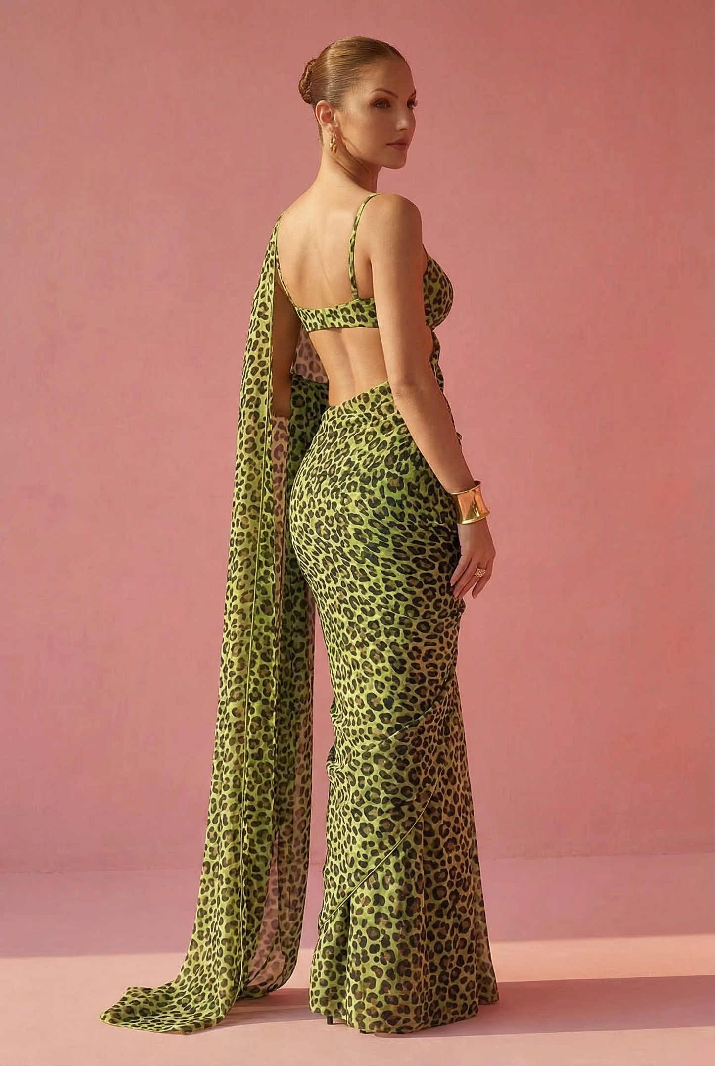 Neon Green Leopard Print Silk Blend Saree