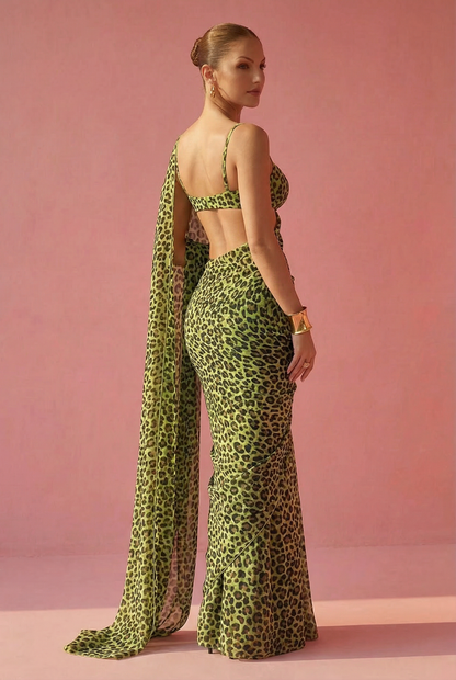 Neon Green Leopard Print Silk Blend Saree