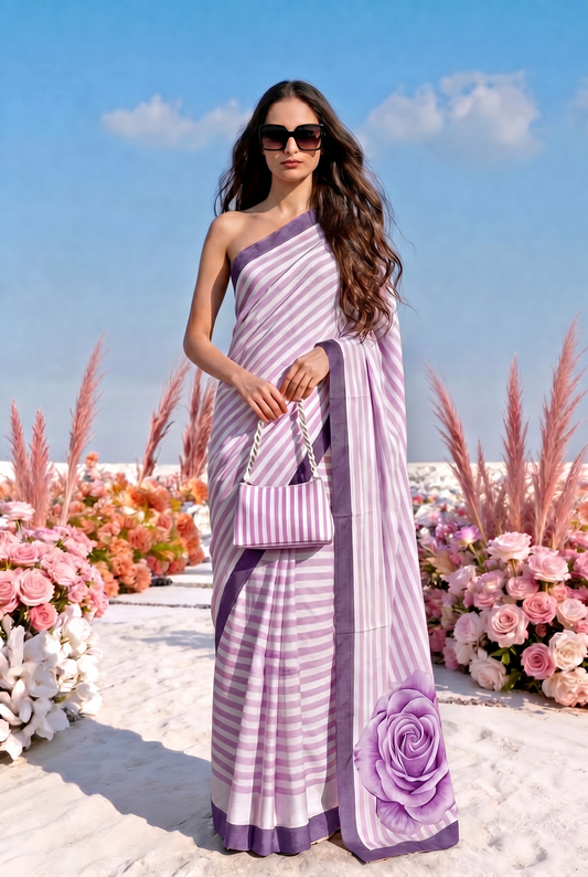 Lavender Striped Rose Silk Blend Saree