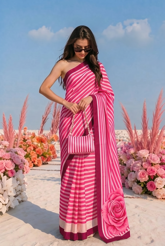 Striped Hot Pink Rose Silk Blend Saree