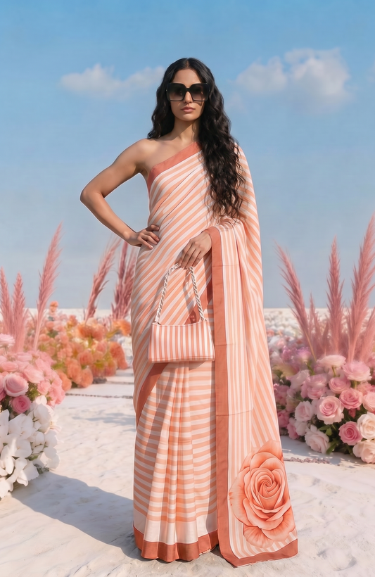 Peach Striped Rose Silk Blend Saree