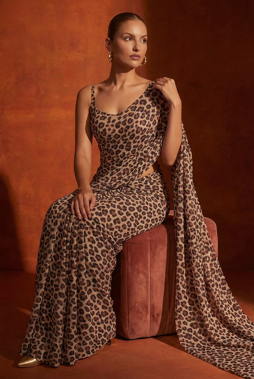 Leopard Print Silk Blend Saree