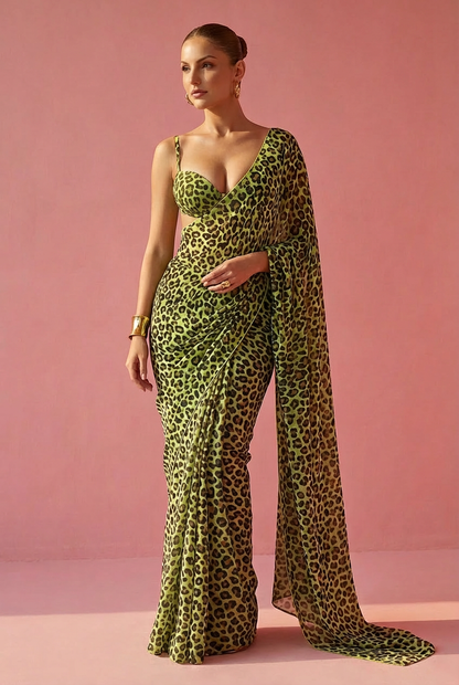 Neon Green Leopard Print Silk Blend Saree