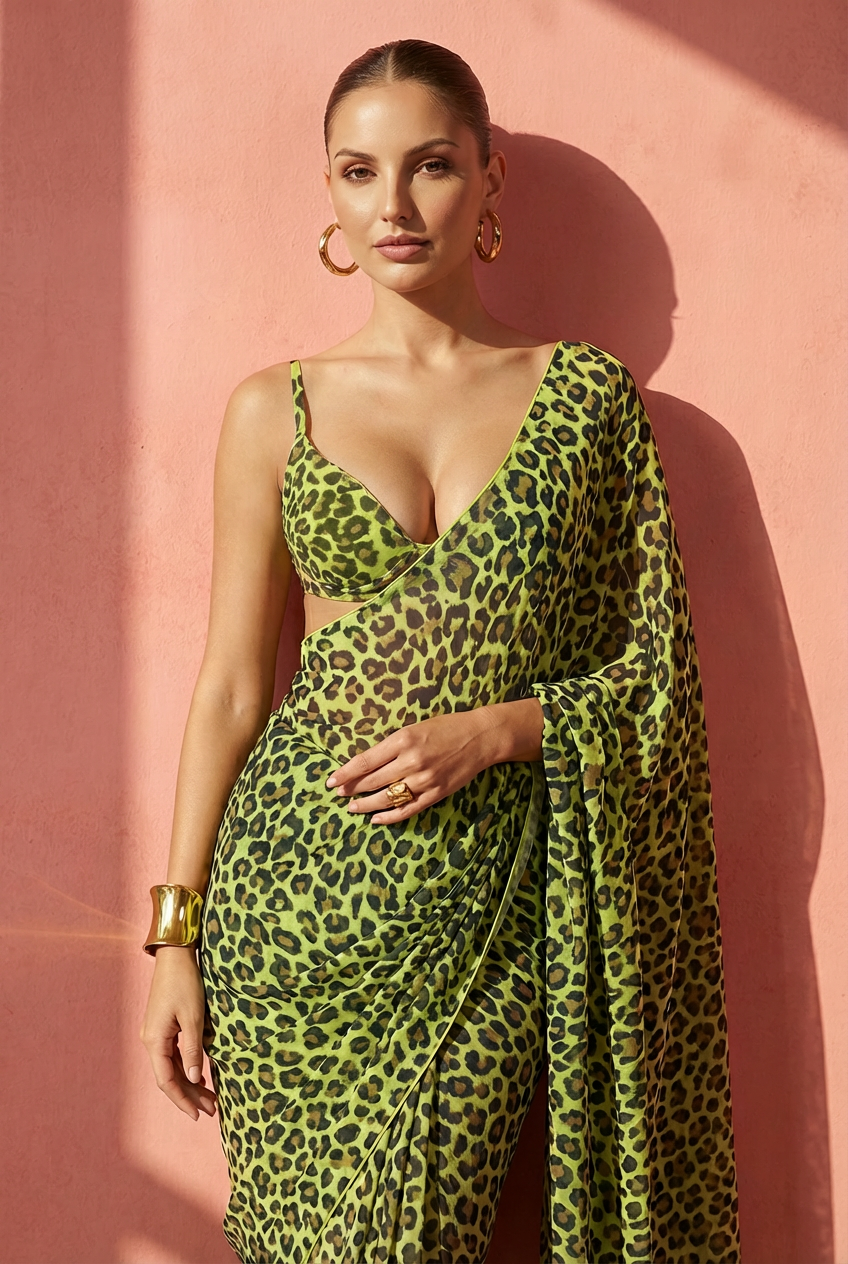 Neon Green Leopard Print Silk Blend Saree