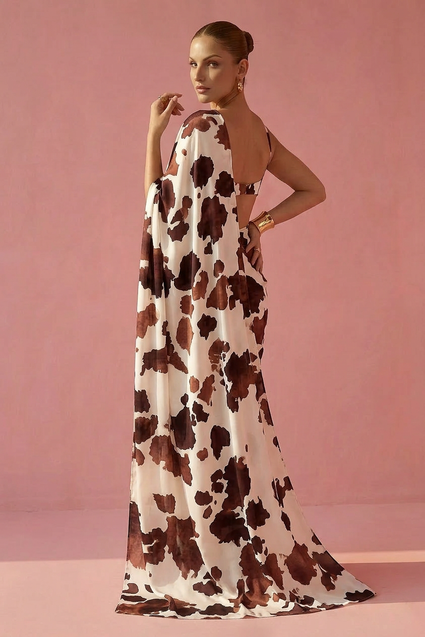 Brown Cow Printed Silk Blend fabric Saree