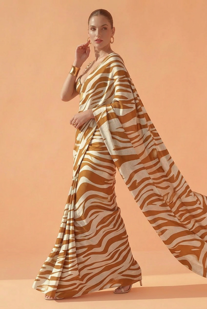 Brown & Cream Zebra Print Silk Blend Saree - Premium Animal Print Designer Saree