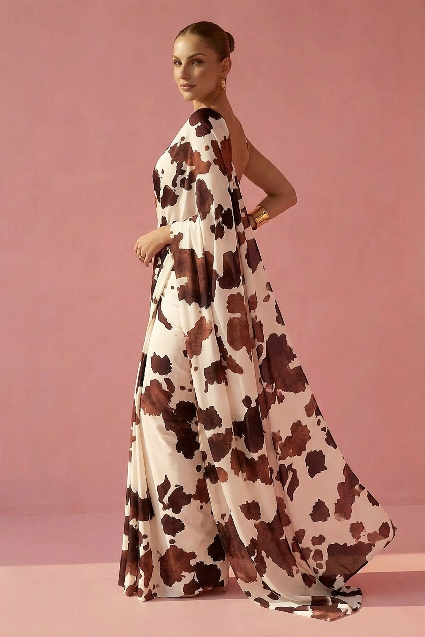 Brown Cow Printed Silk Blend fabric Saree