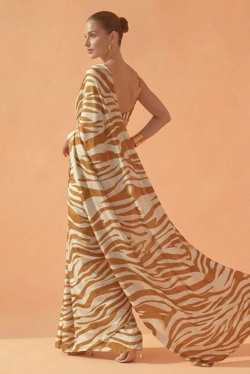 Brown & Cream Zebra Print Silk Blend Saree - Premium Animal Print Designer Saree