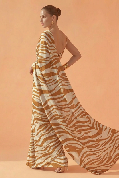 Brown & Cream Zebra Print Silk Blend Saree - Premium Animal Print Designer Saree