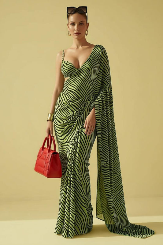Green Zebra Printed Silk Blend fabric Saree