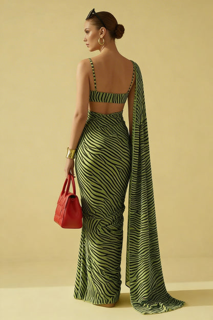 Green Zebra Printed Silk Blend fabric Saree