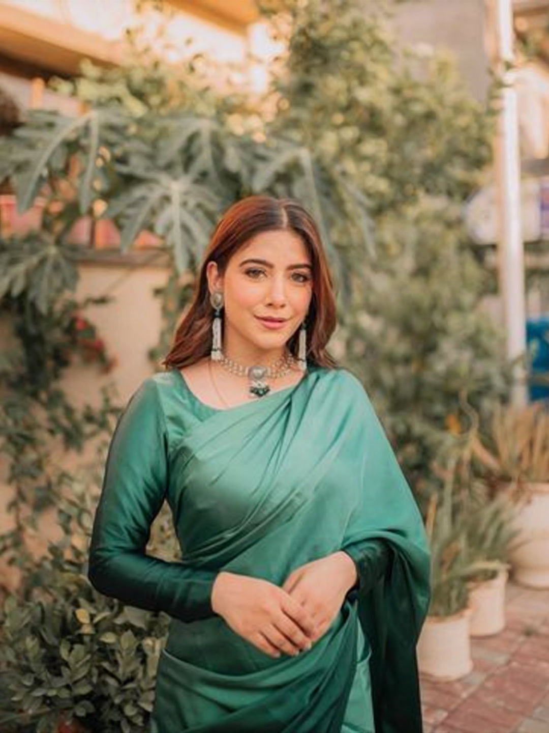 Luxurious Emerald Green Satin Silk Saree - Solid Color