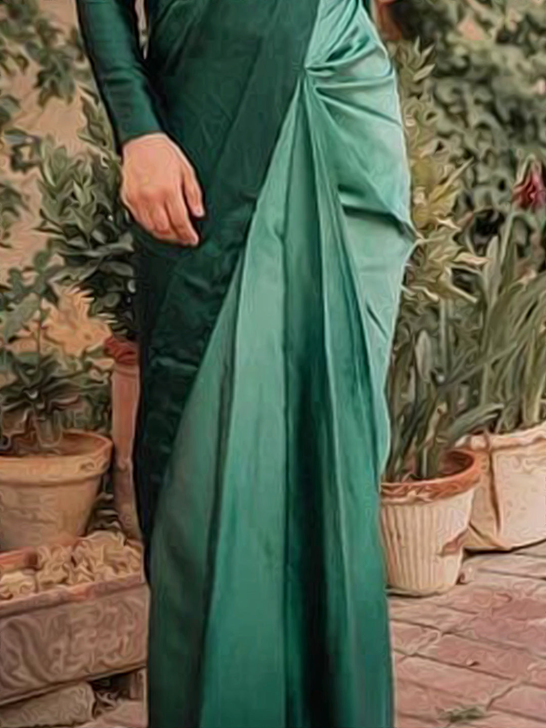 Luxurious Emerald Green Satin Silk Saree - Solid Color