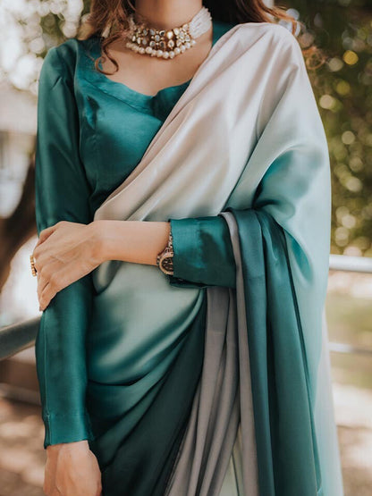 Elegant Teal Gradient Satin Silk Saree - Ombre Designer Drape