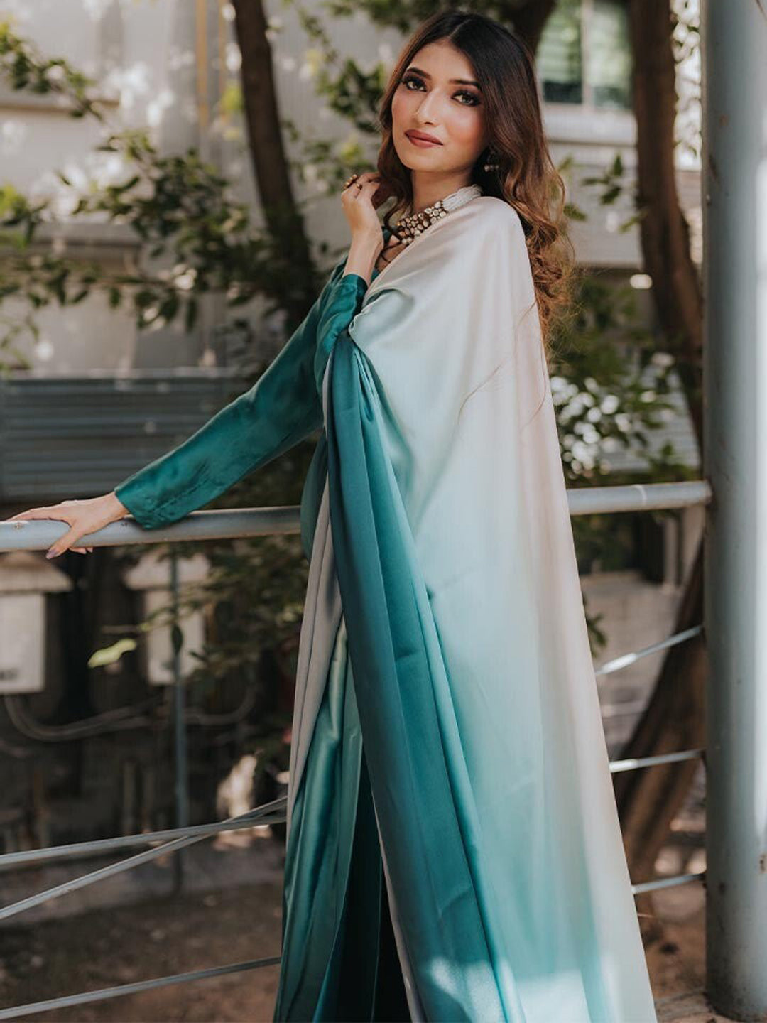 Elegant Teal Gradient Satin Silk Saree - Ombre Designer Drape