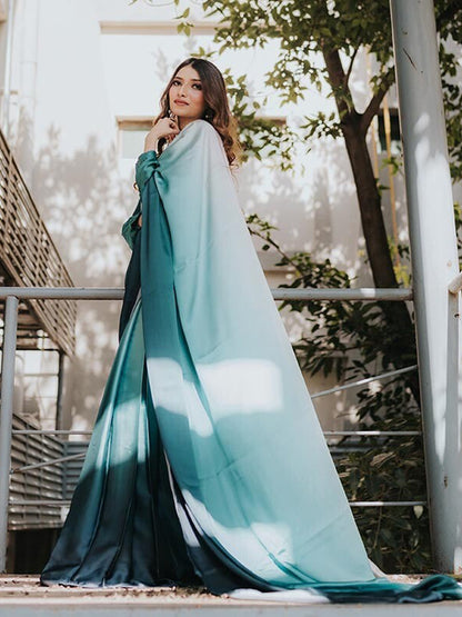 Elegant Teal Gradient Satin Silk Saree - Ombre Designer Drape