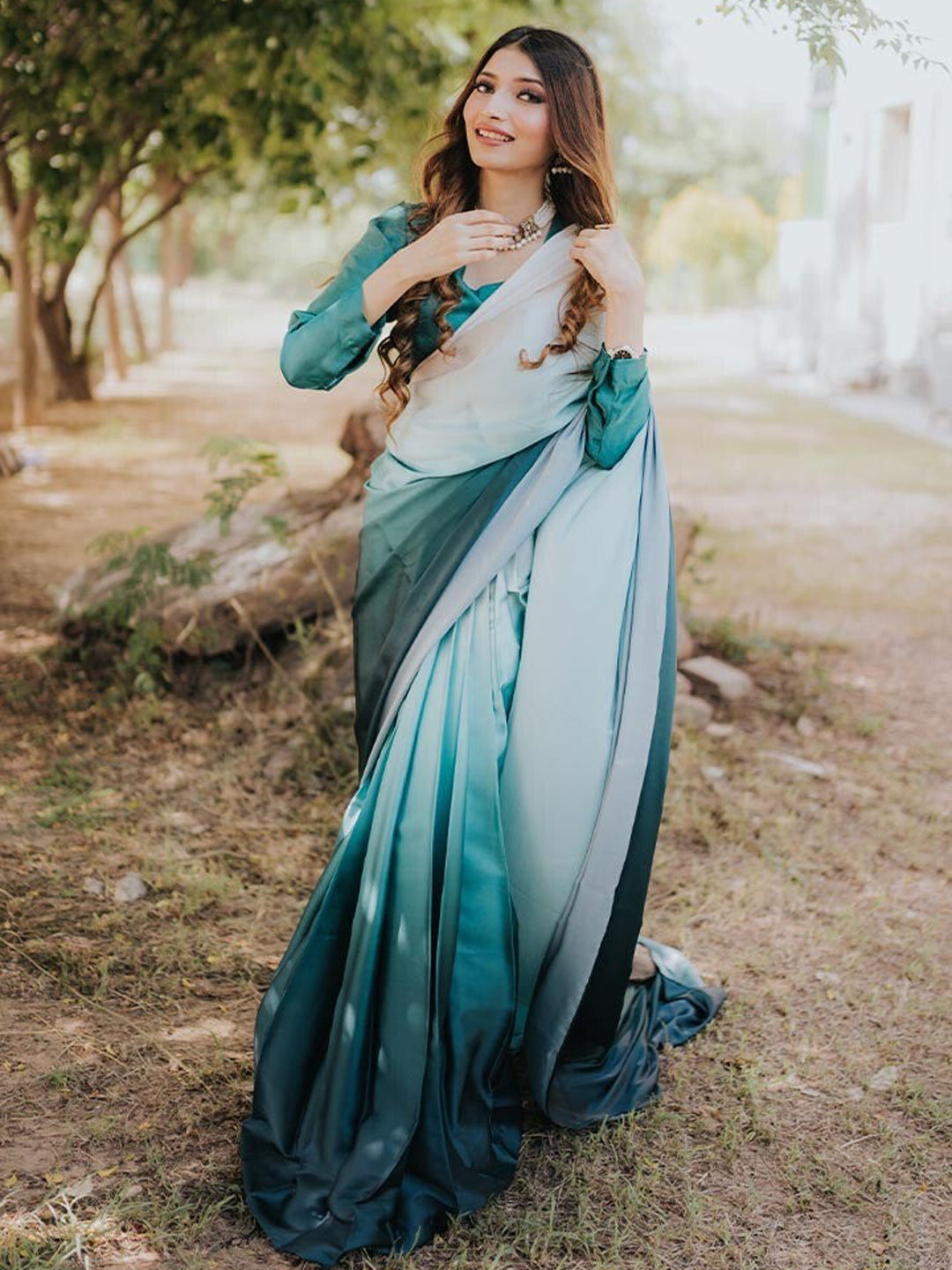 Elegant Teal Gradient Satin Silk Saree - Ombre Designer Drape