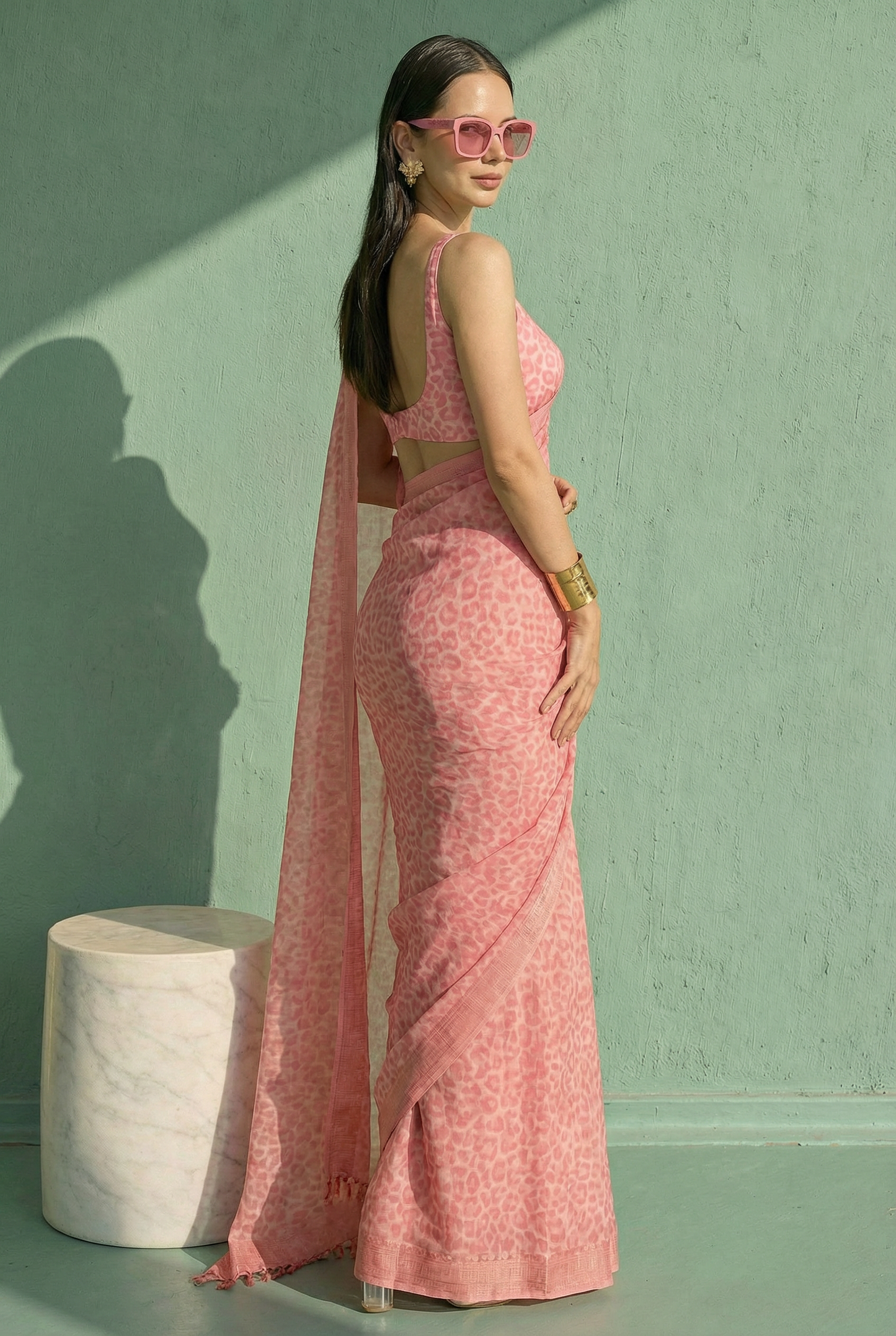Leopard Printed Baby Pink Saree