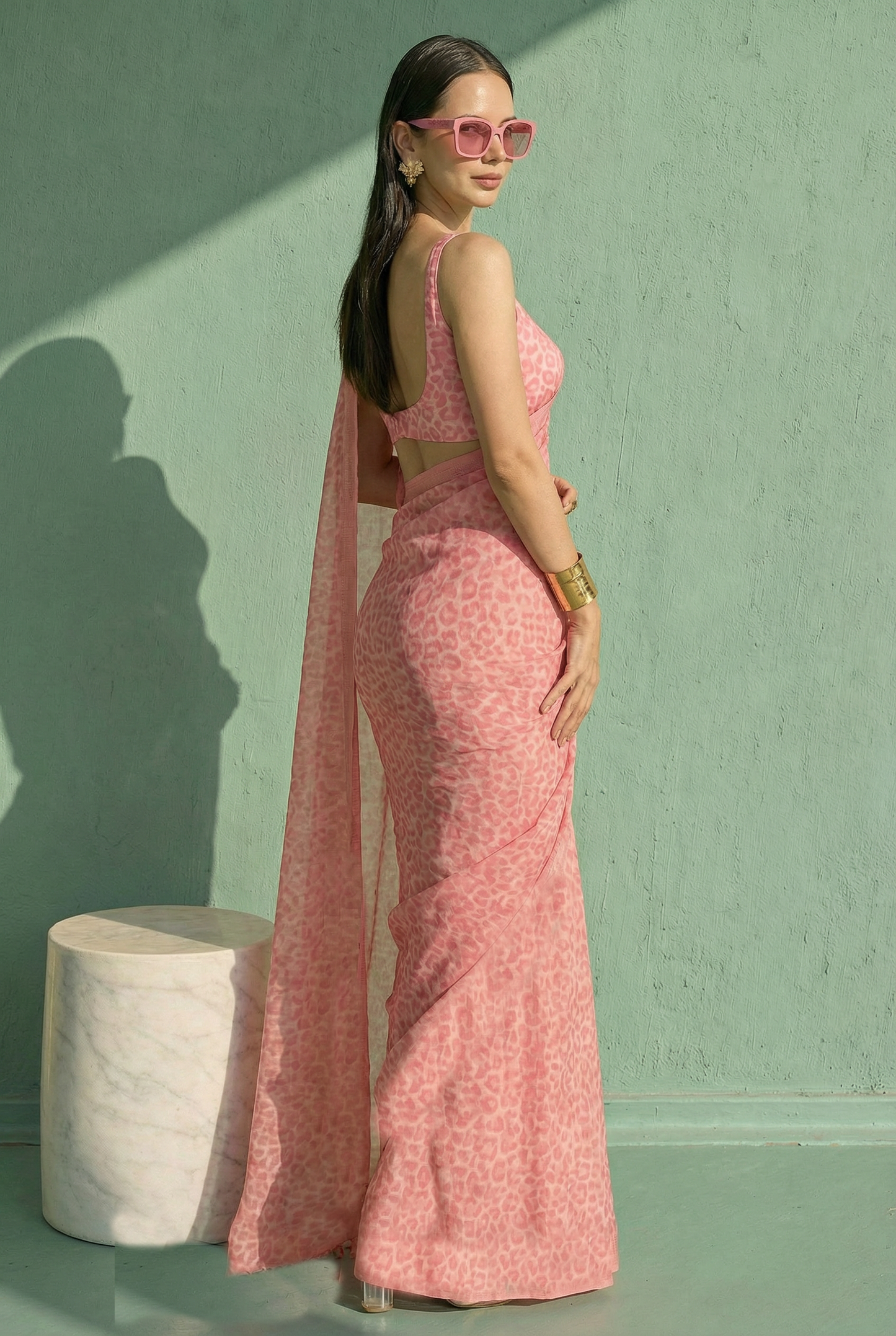 Baby Pink Leopard Printed Silk Blend Saree