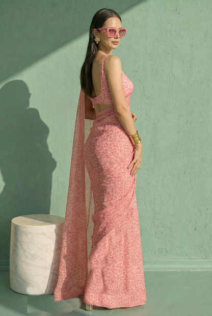 Baby Pink Leopard Printed Silk Blend Saree