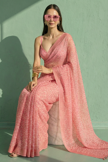 Leopard Printed Baby Pink Saree