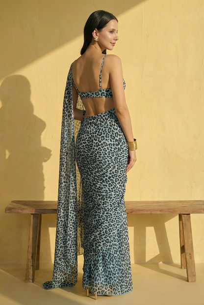 Leopard Printed Sky Blue Silk Blend Saree