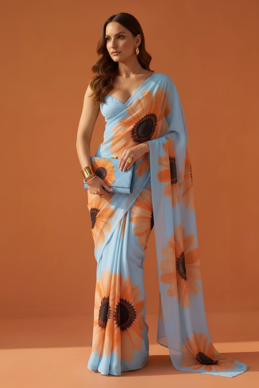 Sky Blue & Orange Sunflower Print Georgette Saree